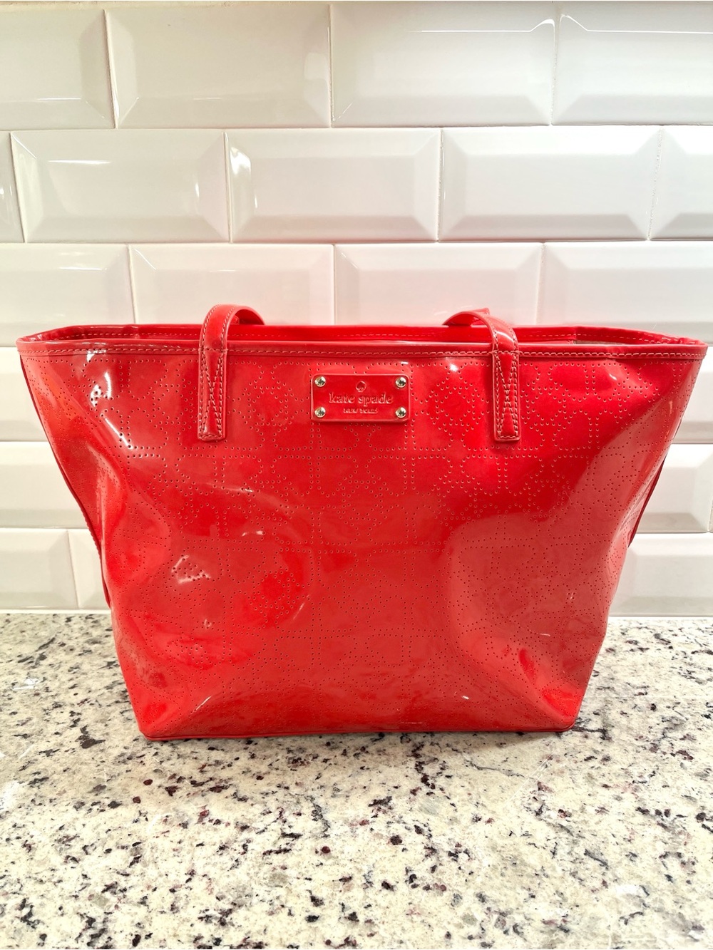 Kate Spade Patent Leather Red Heart Tote EUC